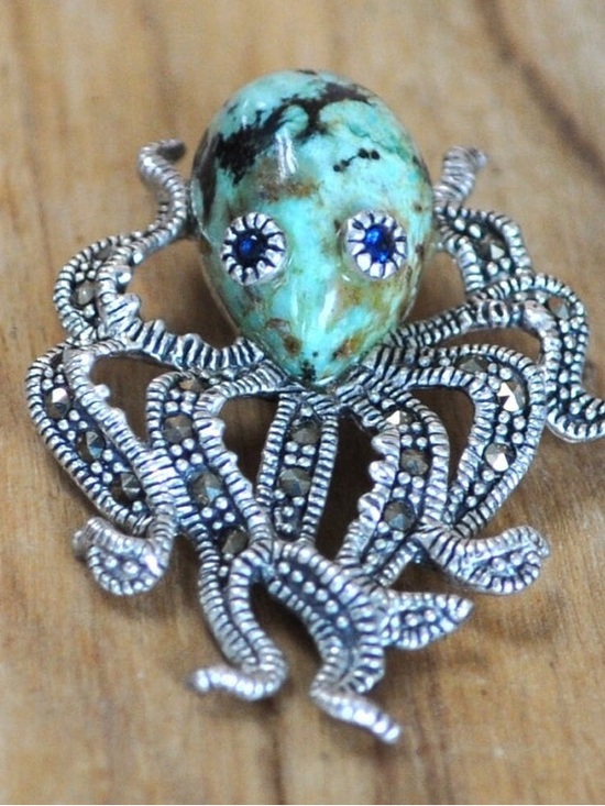 Jewelry - Ocean Jasper and sapphire eyes Octopus Pendant  - Silver-Tone Blue Green Jewelry